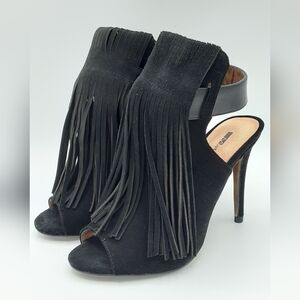 Matiko Lainey Black Suede Open Toe Heeled Bootie With Fringe Detail &
